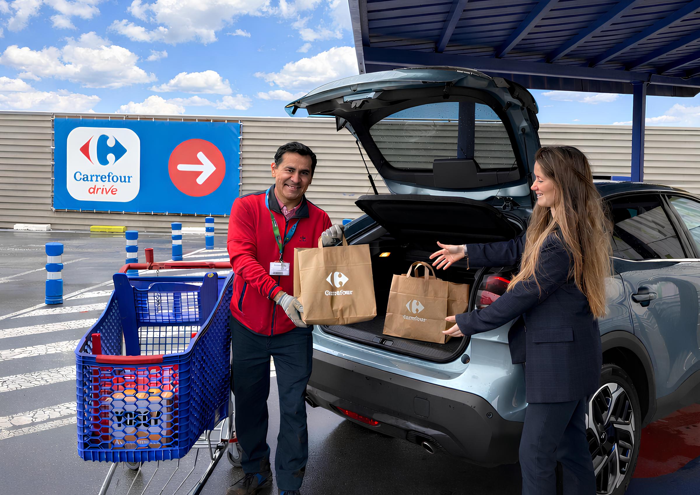 Clienta recogiendo en coche la compra online en un supermercado Carrefour