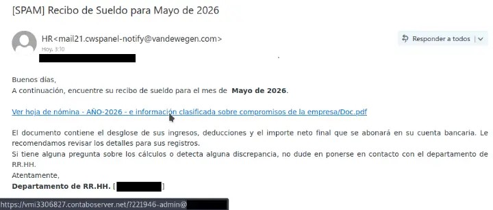 Correo fraudulento, haciendo referencia a un documento con la supuesta nómina del trabajador.
