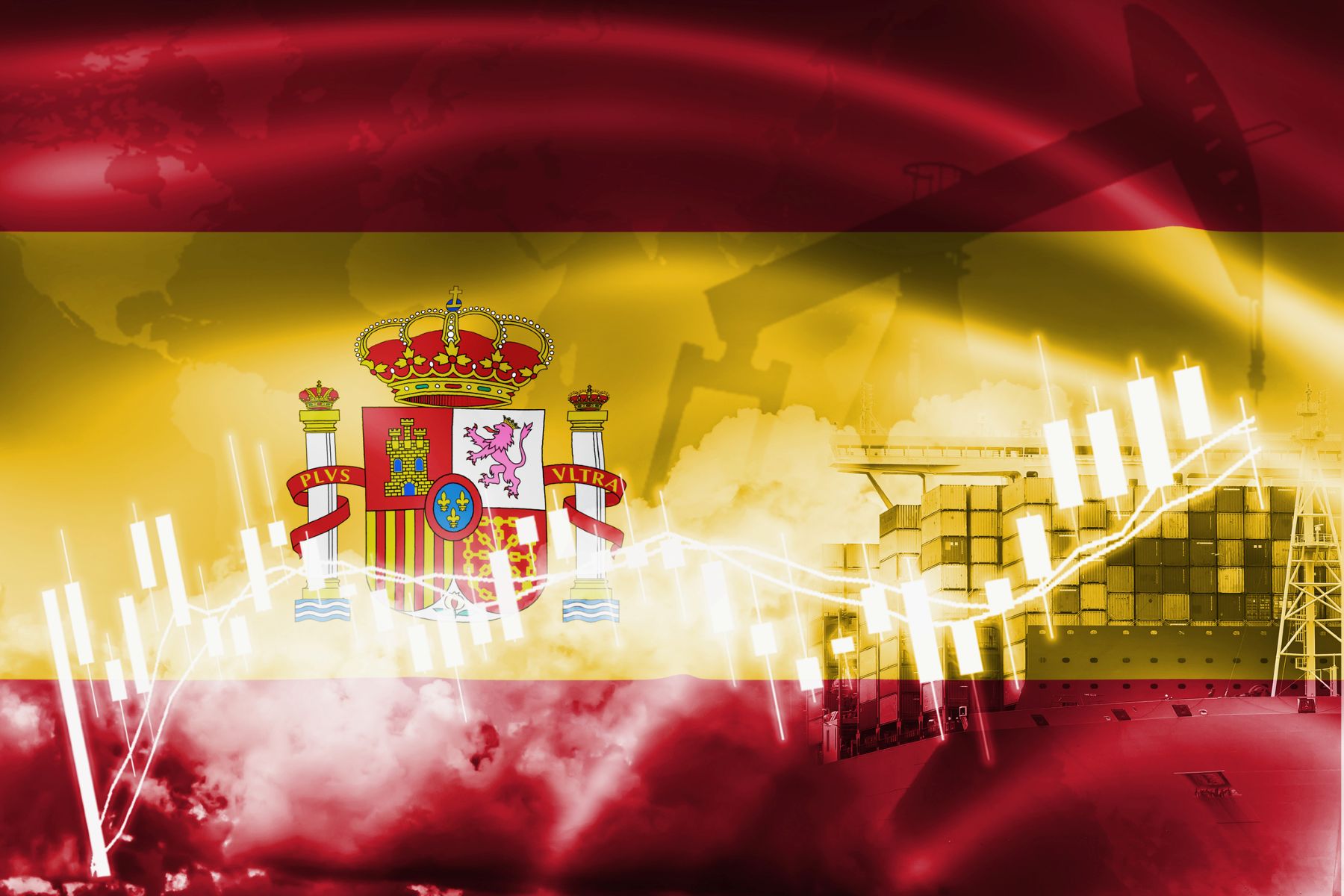Gráficos económicos superpuestos sobre bandera y escudo de España